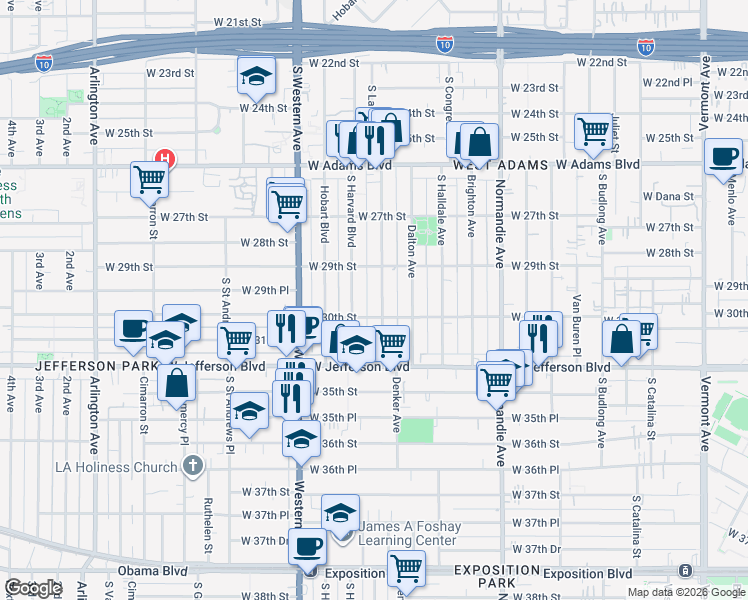 map of restaurants, bars, coffee shops, grocery stores, and more near 2956 South La Salle Avenue in Los Angeles