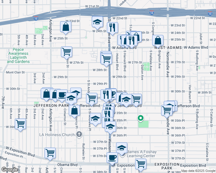 map of restaurants, bars, coffee shops, grocery stores, and more near 2945 South Western Avenue in Los Angeles