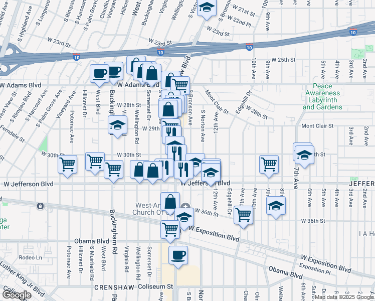 map of restaurants, bars, coffee shops, grocery stores, and more near 3614 West 30th Street in Los Angeles