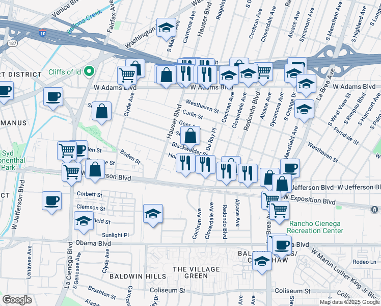 map of restaurants, bars, coffee shops, grocery stores, and more near 5351 Homeside Avenue in Los Angeles