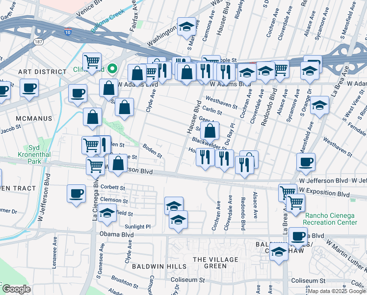 map of restaurants, bars, coffee shops, grocery stores, and more near 2917 Hauser Boulevard in Los Angeles