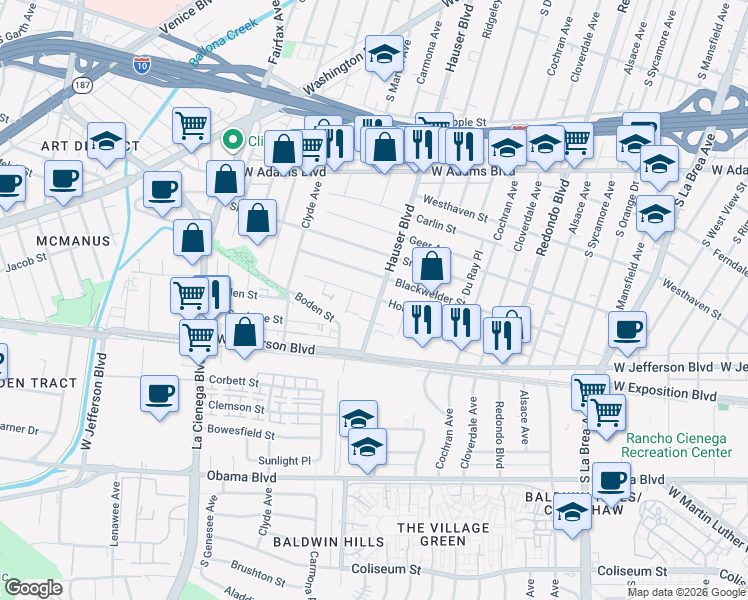 map of restaurants, bars, coffee shops, grocery stores, and more near 2917 Hauser Boulevard in Los Angeles