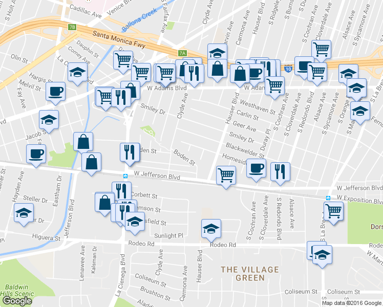 map of restaurants, bars, coffee shops, grocery stores, and more near 5515 Boden Street in Los Angeles