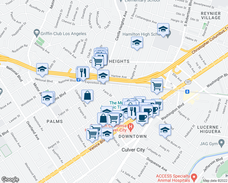 map of restaurants, bars, coffee shops, grocery stores, and more near 3626 Watseka Avenue in Los Angeles