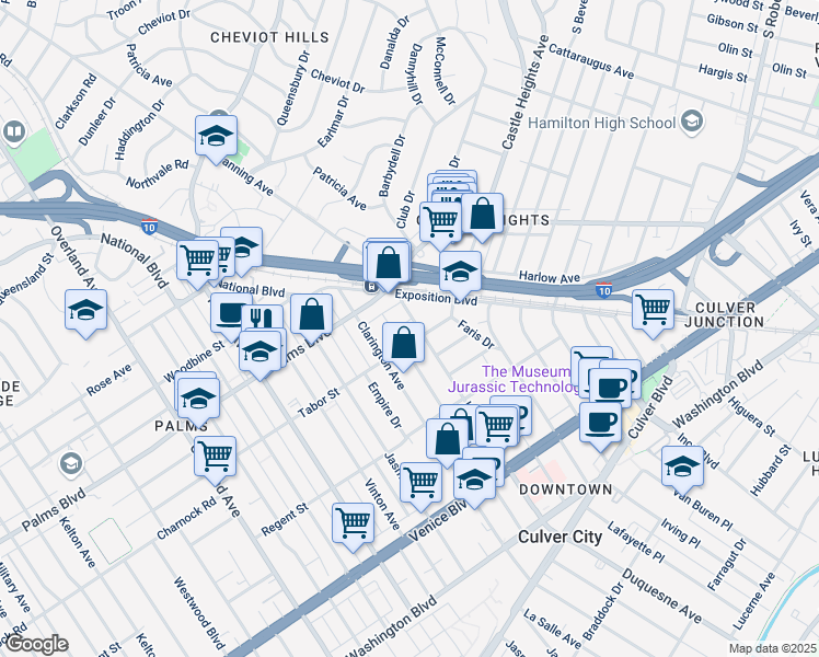 map of restaurants, bars, coffee shops, grocery stores, and more near 9909 Tabor Street in Los Angeles