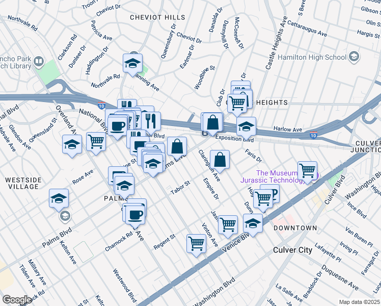 map of restaurants, bars, coffee shops, grocery stores, and more near 10138 Palms Boulevard in Los Angeles