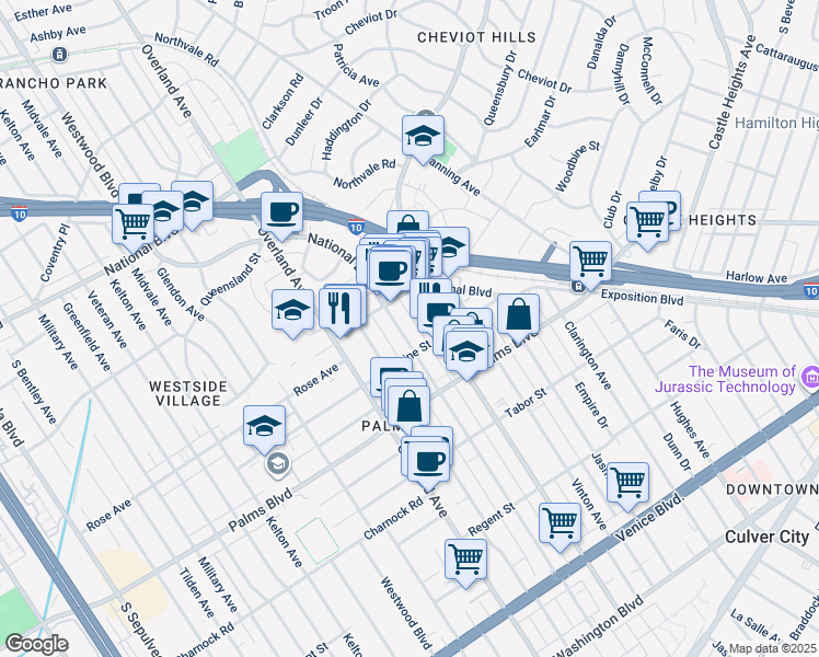 map of restaurants, bars, coffee shops, grocery stores, and more near 3345 Mentone Avenue in Los Angeles