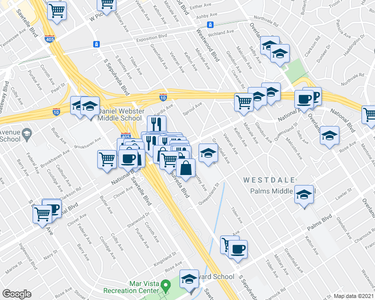 map of restaurants, bars, coffee shops, grocery stores, and more near 3031 South Bentley Avenue in Los Angeles