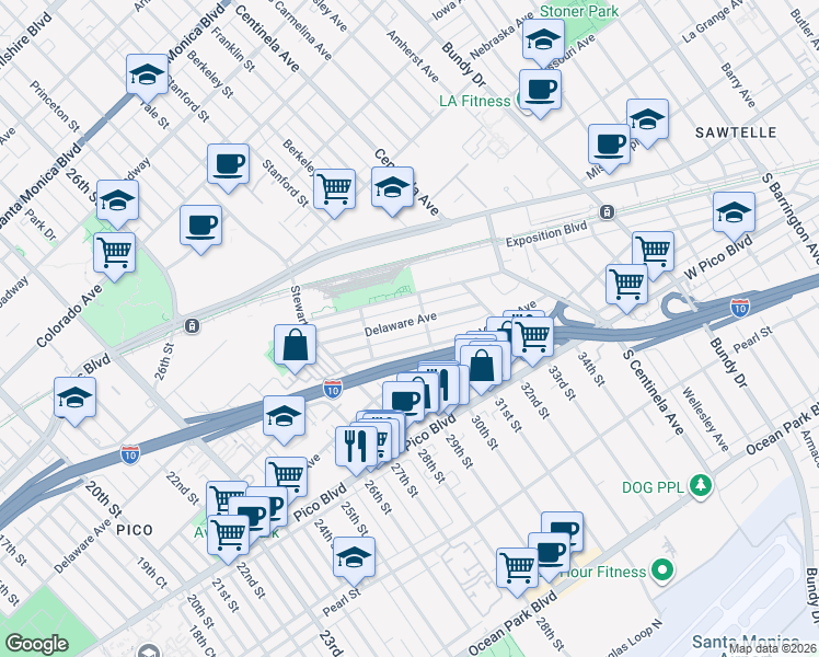 map of restaurants, bars, coffee shops, grocery stores, and more near 2937 Virginia Avenue in Santa Monica