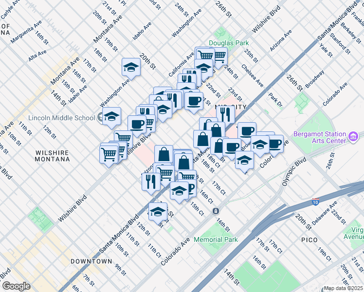 map of restaurants, bars, coffee shops, grocery stores, and more near 1314 18th Street in Santa Monica