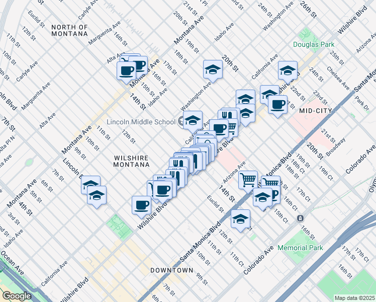 map of restaurants, bars, coffee shops, grocery stores, and more near 1131 14th Street in Santa Monica