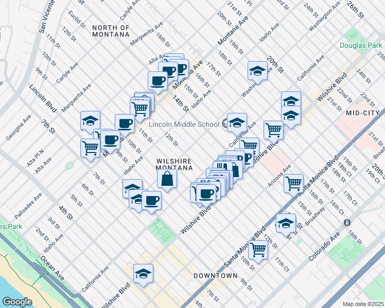 map of restaurants, bars, coffee shops, grocery stores, and more near 1122 Washington Avenue in Santa Monica