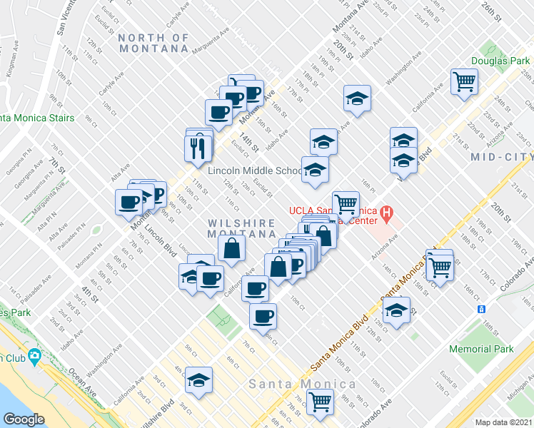 map of restaurants, bars, coffee shops, grocery stores, and more near 1122 Washington Avenue in Santa Monica