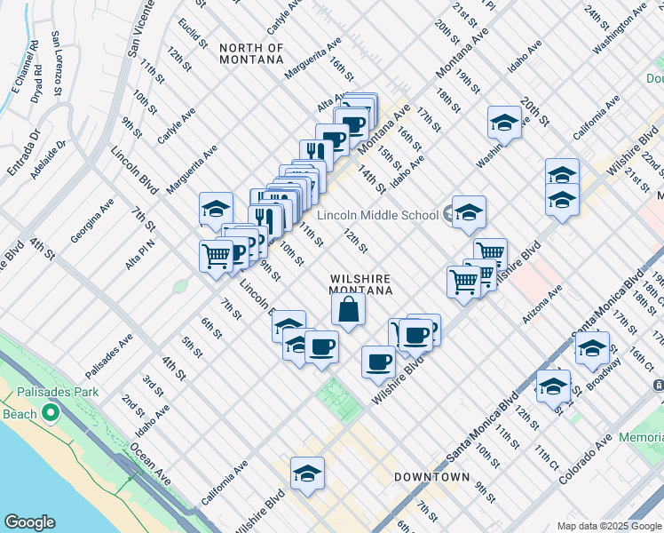 map of restaurants, bars, coffee shops, grocery stores, and more near in Santa Monica
