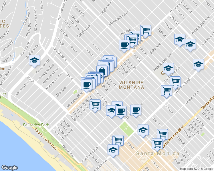 map of restaurants, bars, coffee shops, grocery stores, and more near 847 9th Street in Santa Monica