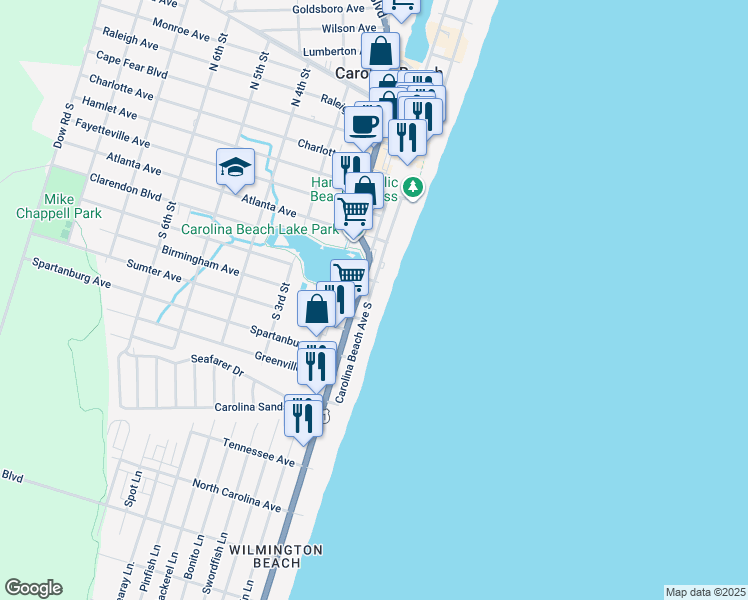map of restaurants, bars, coffee shops, grocery stores, and more near 616 Carolina Beach Avenue South in Carolina Beach