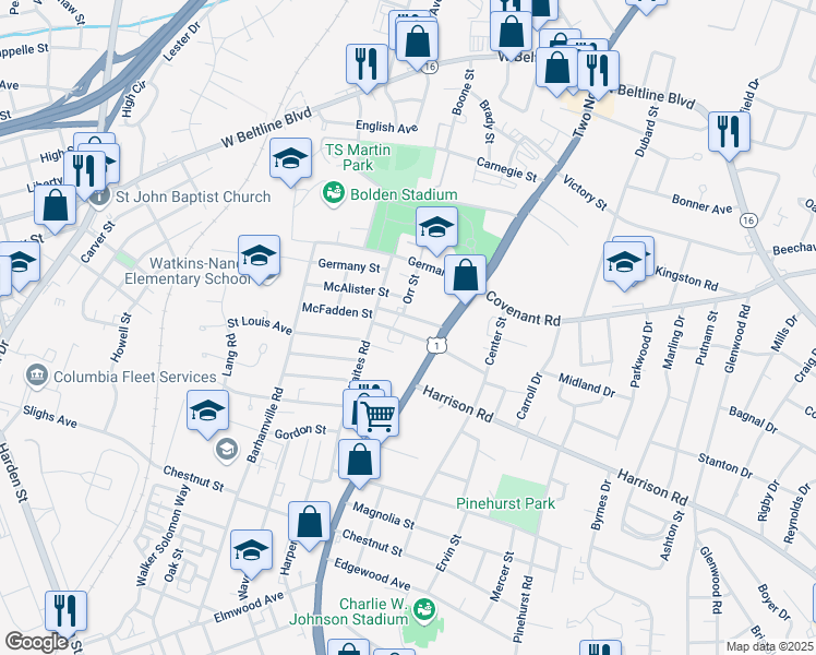 map of restaurants, bars, coffee shops, grocery stores, and more near 1610 McFadden Street in Columbia