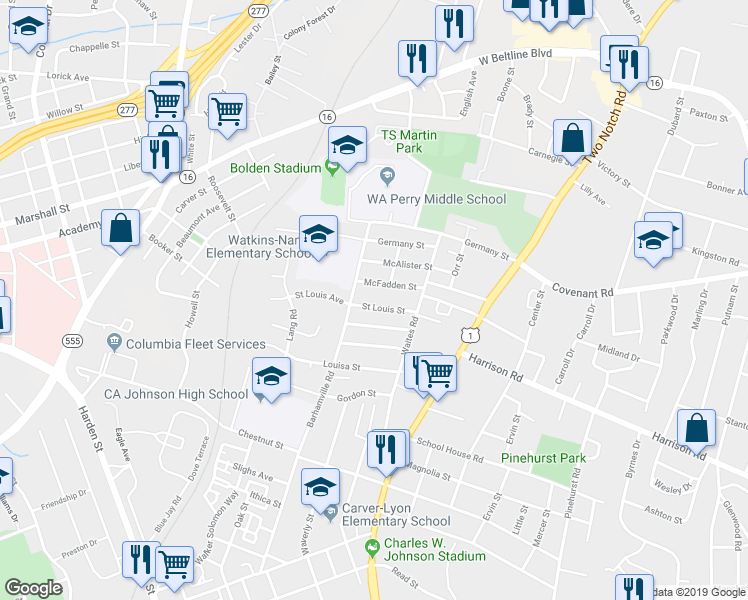 map of restaurants, bars, coffee shops, grocery stores, and more near 1913 Saint Louis Street in Columbia