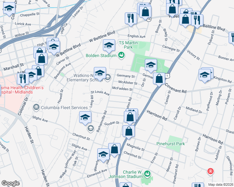 map of restaurants, bars, coffee shops, grocery stores, and more near 1913 Saint Louis Street in Columbia