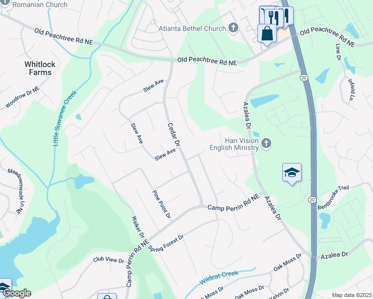 map of restaurants, bars, coffee shops, grocery stores, and more near 2341 Cedar Drive in Lawrenceville