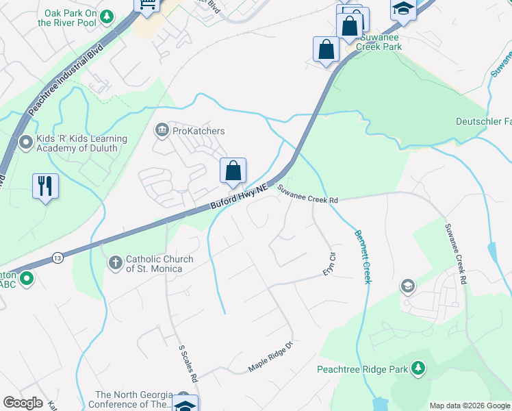 map of restaurants, bars, coffee shops, grocery stores, and more near 1613 Chelsea Falls Lane in Suwanee
