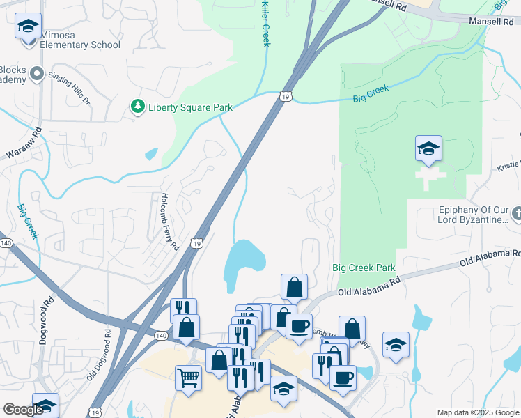 map of restaurants, bars, coffee shops, grocery stores, and more near 1346 Roswell Manor Circle in Roswell