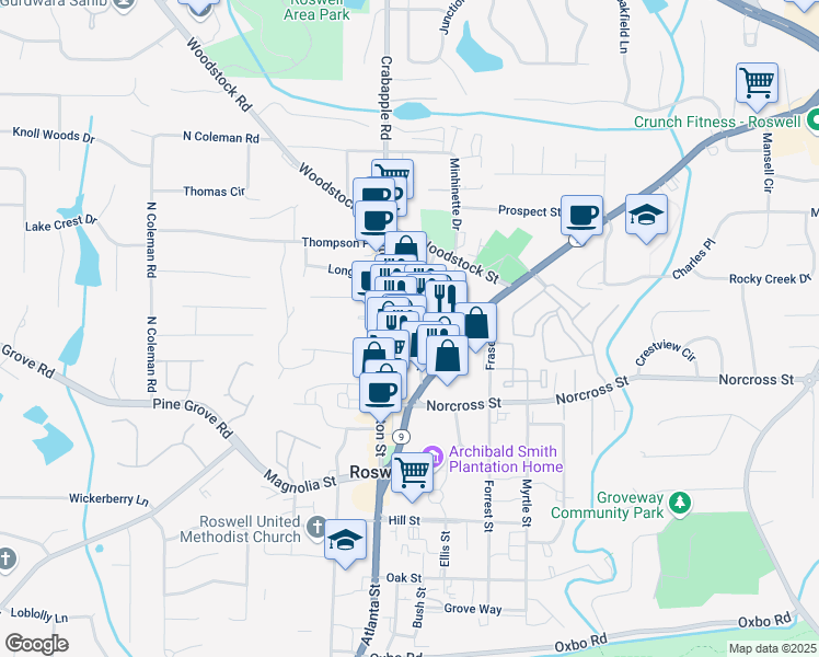 map of restaurants, bars, coffee shops, grocery stores, and more near 1076 Green Street in Roswell