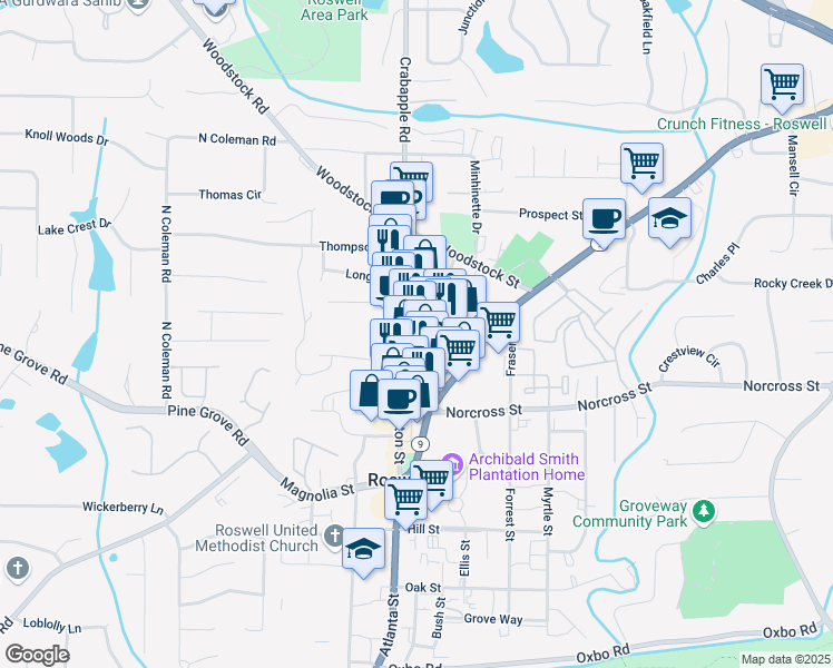 map of restaurants, bars, coffee shops, grocery stores, and more near 1081 Canton Street in Roswell