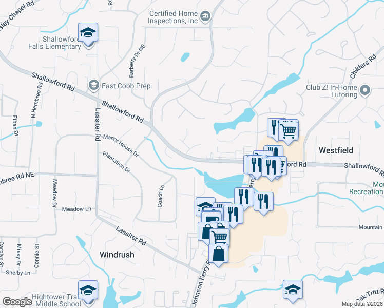 map of restaurants, bars, coffee shops, grocery stores, and more near 3302 Chimney Lane Northeast in Roswell