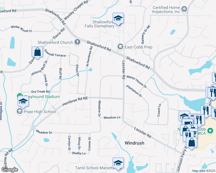map of restaurants, bars, coffee shops, grocery stores, and more near 3215 Hembry Court in Marietta