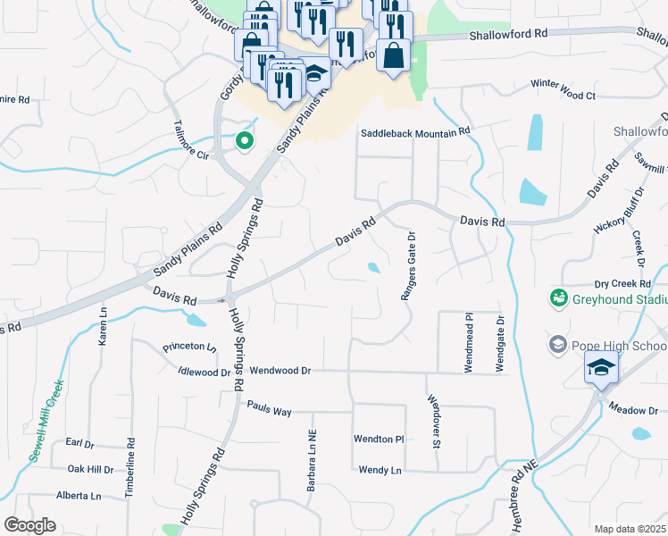 map of restaurants, bars, coffee shops, grocery stores, and more near 3134 Hudson Pond Lane Northeast in Marietta