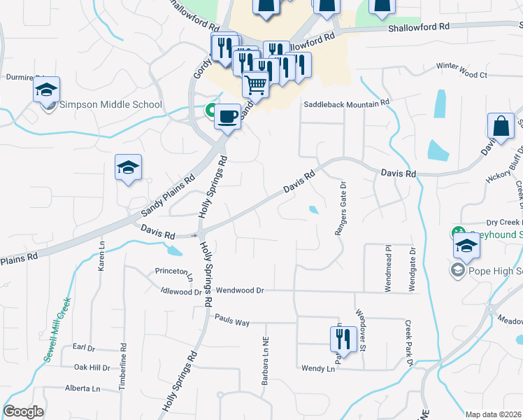 map of restaurants, bars, coffee shops, grocery stores, and more near 3184 Petite Forest Drive in Marietta