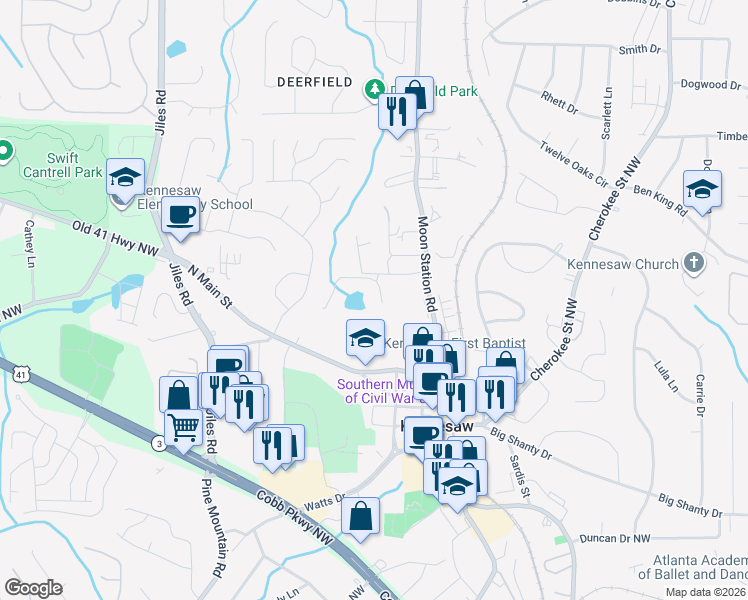 map of restaurants, bars, coffee shops, grocery stores, and more near 2353 Whispering Drive Northwest in Kennesaw