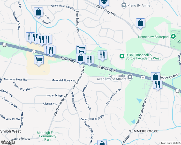 map of restaurants, bars, coffee shops, grocery stores, and more near 3030 Jim Owens Road Northwest in Kennesaw