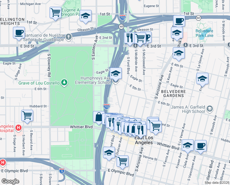 map of restaurants, bars, coffee shops, grocery stores, and more near 601 South Humphreys Avenue in East Los Angeles