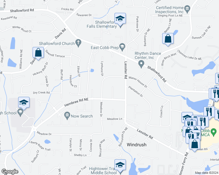 map of restaurants, bars, coffee shops, grocery stores, and more near 3215 Hembry Court in Marietta