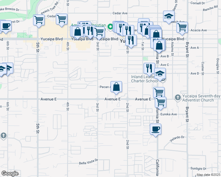 map of restaurants, bars, coffee shops, grocery stores, and more near 34785 Pecan Avenue in Yucaipa