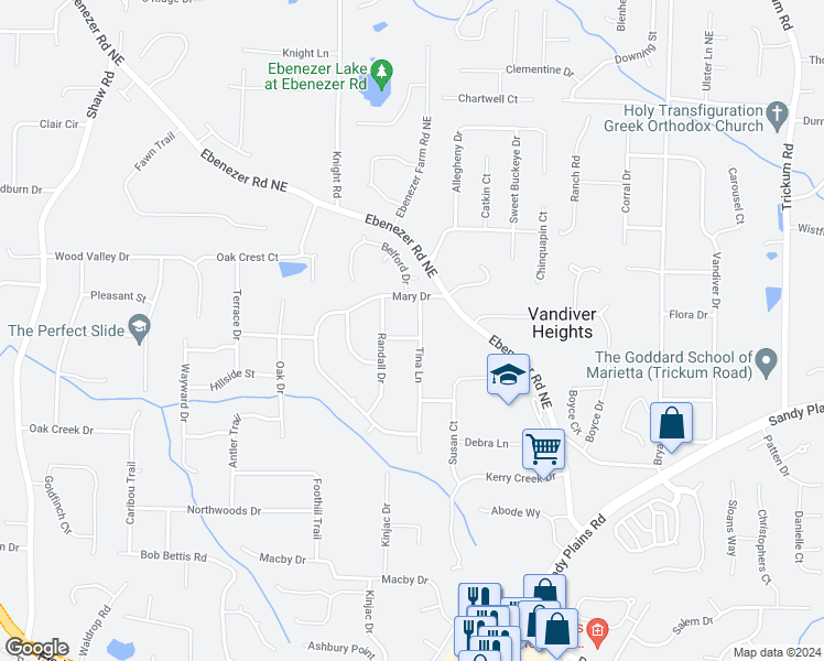 map of restaurants, bars, coffee shops, grocery stores, and more near 3171 Tina Lane in Marietta