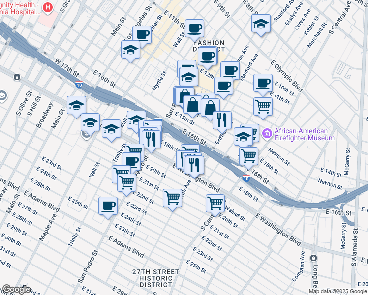 map of restaurants, bars, coffee shops, grocery stores, and more near 781 East 18th Street in Los Angeles