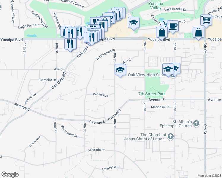 map of restaurants, bars, coffee shops, grocery stores, and more near 12427 Stardell Lane in Yucaipa