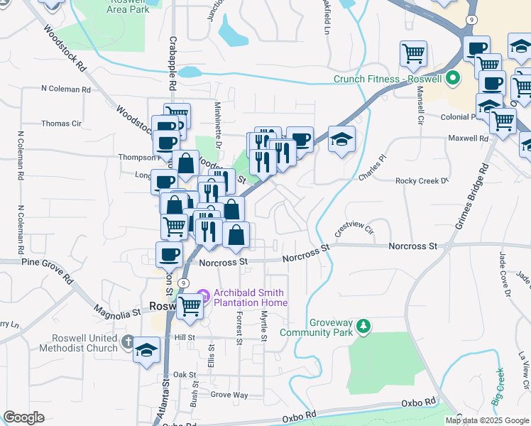 map of restaurants, bars, coffee shops, grocery stores, and more near 405 Independence Way in Roswell