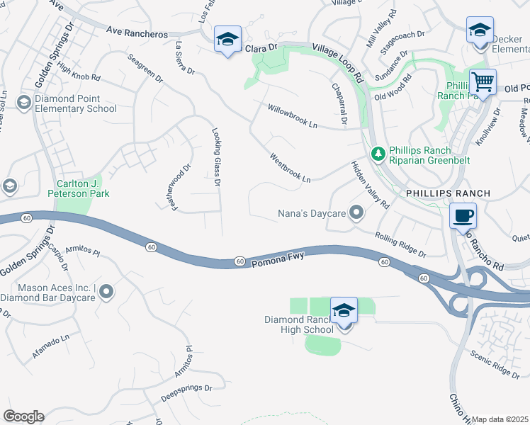 map of restaurants, bars, coffee shops, grocery stores, and more near 32 Franciscan Place in Pomona