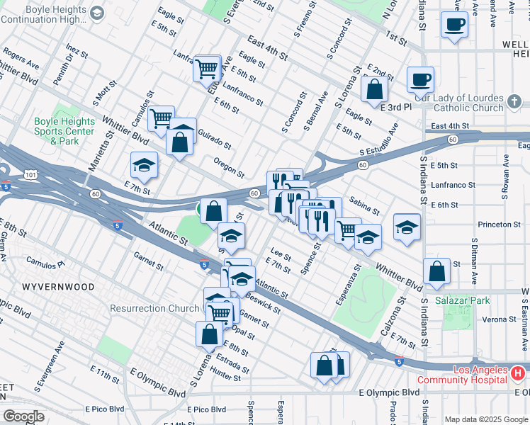 map of restaurants, bars, coffee shops, grocery stores, and more near in Los Angeles