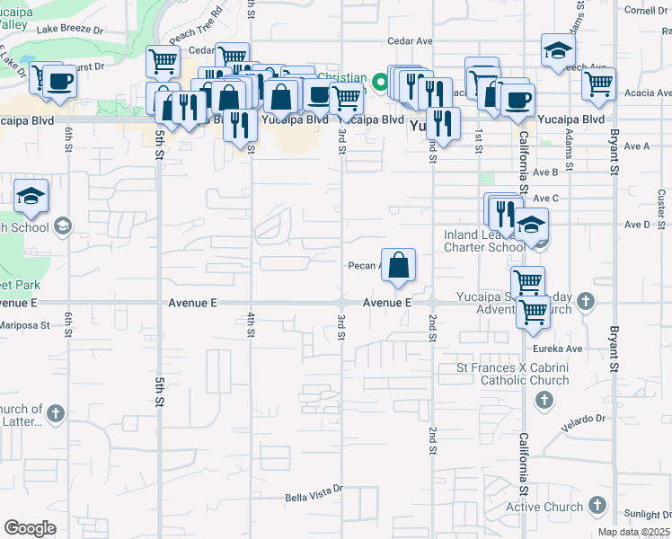 map of restaurants, bars, coffee shops, grocery stores, and more near 12430 3rd Street in Yucaipa