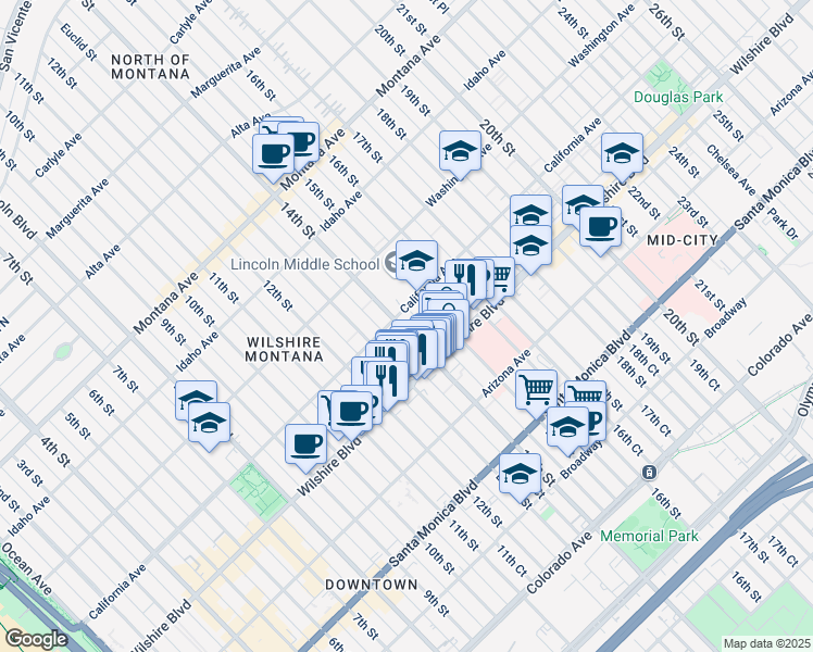 map of restaurants, bars, coffee shops, grocery stores, and more near 1115 14th Street in Santa Monica
