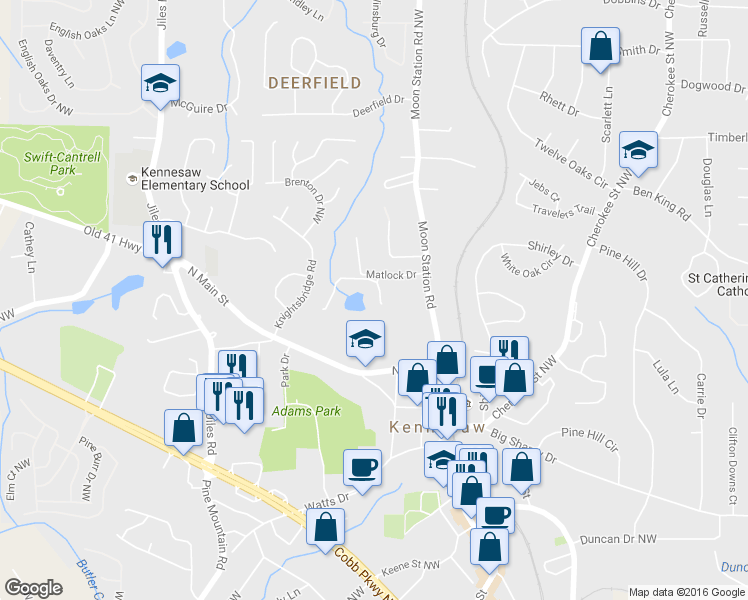 map of restaurants, bars, coffee shops, grocery stores, and more near 2353 Whispering Drive Northwest in Kennesaw