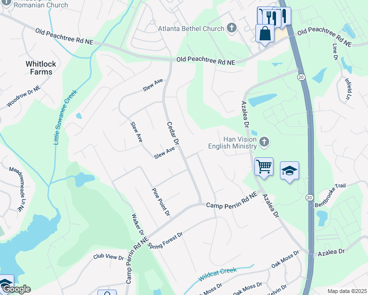 map of restaurants, bars, coffee shops, grocery stores, and more near 2341 Cedar Drive in Lawrenceville