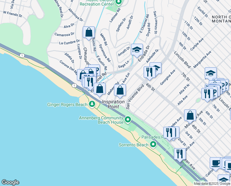 map of restaurants, bars, coffee shops, grocery stores, and more near 2 Ocean Avenue Extension in Santa Monica