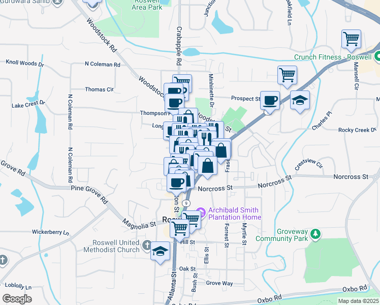 map of restaurants, bars, coffee shops, grocery stores, and more near 1076 Green Street in Roswell