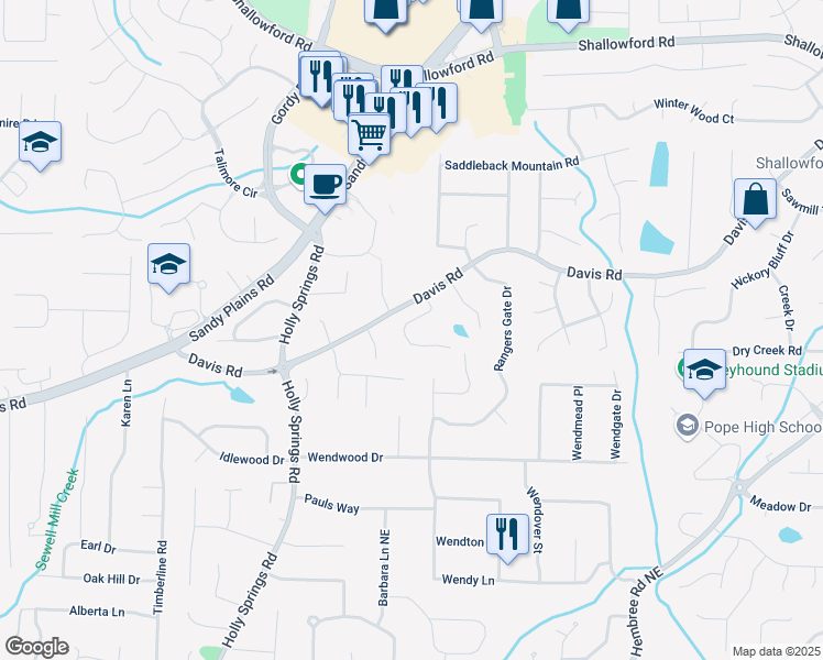 map of restaurants, bars, coffee shops, grocery stores, and more near 3134 Hudson Pond Lane Northeast in Marietta
